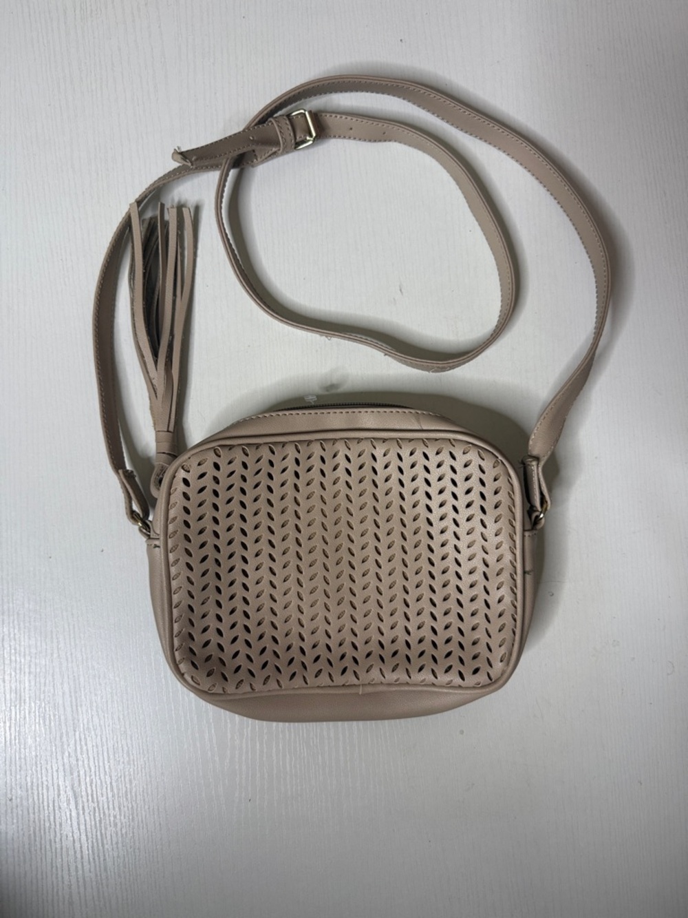 summer & rose Neutral Beige Perforated Crossbody with Tassel